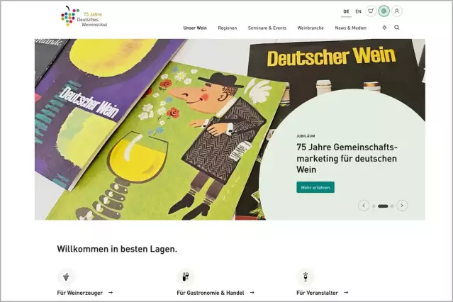 Users can obtain an overview with links to all markets and websites by clicking on the small globe at the top right of deutscheweine.de. To the left is the symbol for the online shop, to the right the button to log in to the DWI database.